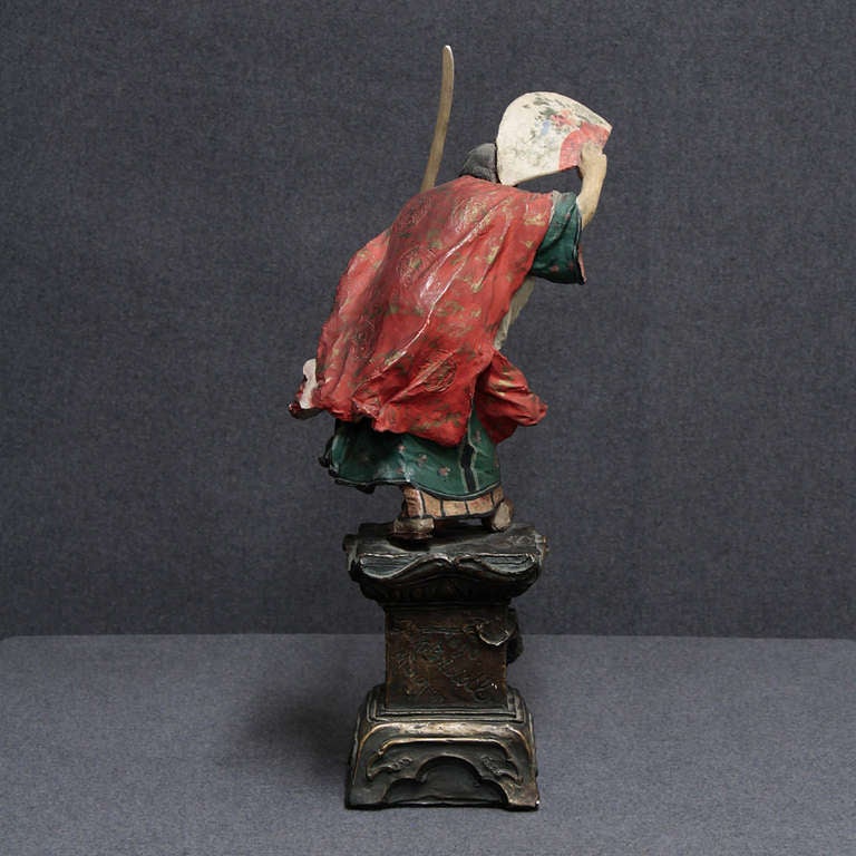 German 19th Century  Stuco Figure of Japanese Samurai with Sable and Fan, Signed 