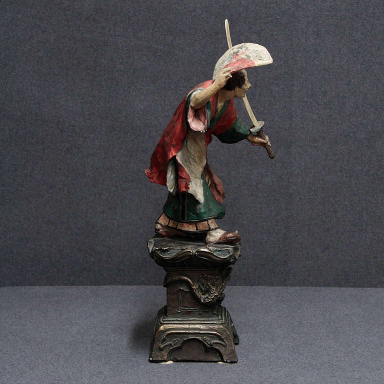 19th Century  Stuco Figure of Japanese Samurai with Sable and Fan, Signed 