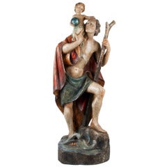 Antique Large 18th Century French Wooden Saint Christopher Region Alsace Lorraine
