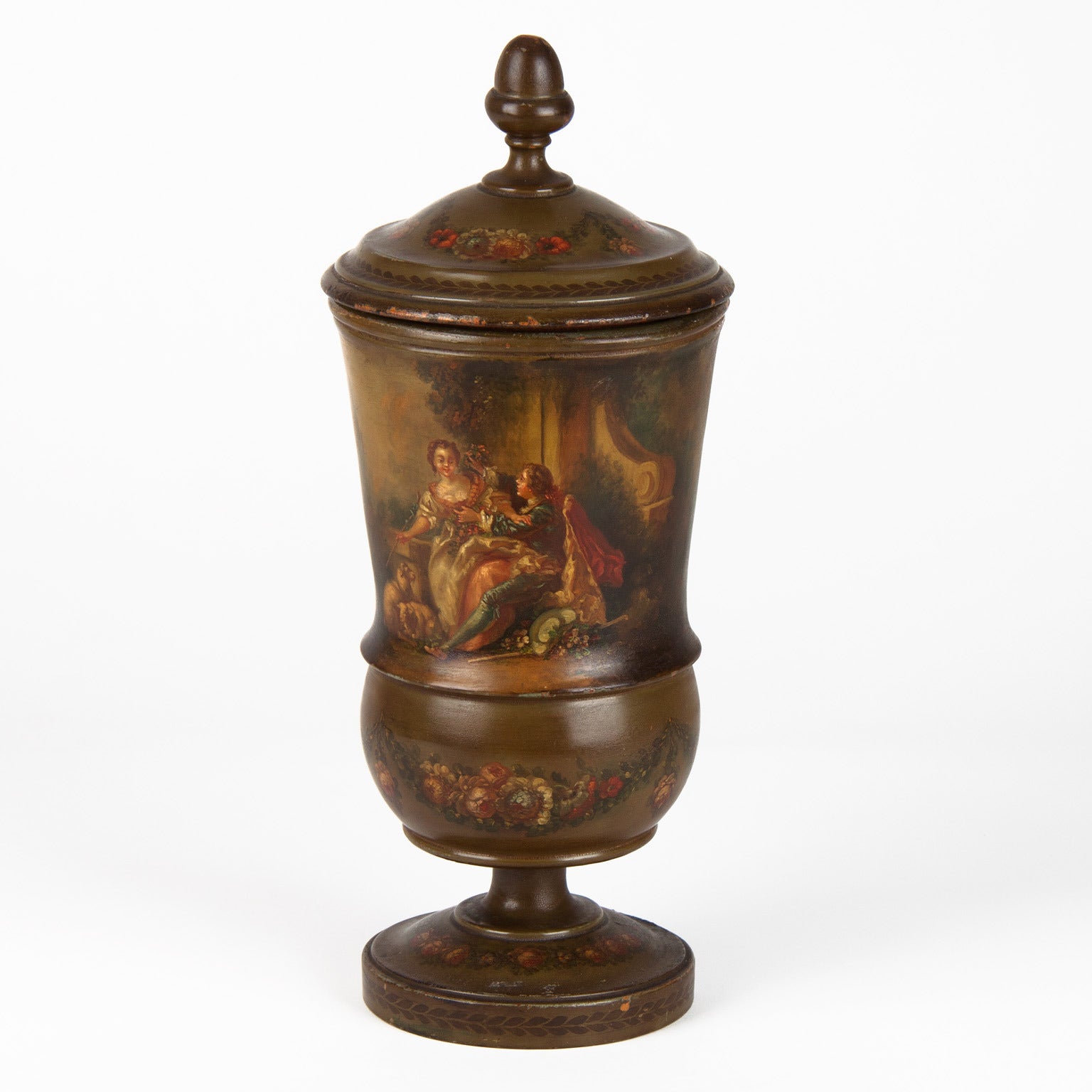 French Painted Wooden Pot with Lid circa 1800