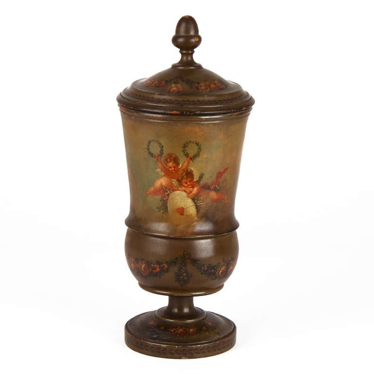 French painted wooden pot with lid circa 1800
Depicting love scene with animals, flowers and putti
very nice quality 
Good condition, few age marks