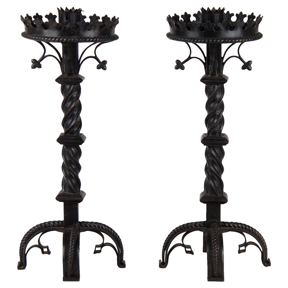 Pair of French Gothic Revival Wrought Iron Candlesticks circa 1850