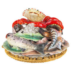 Italian Table Piece of Fish and Seafood circa 1900, Glazed Pottery