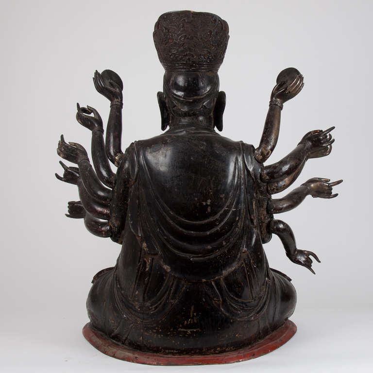 Vietnamese 18th Century important Large Wooden 14 Armed Seated Buddha, Quan'am, Vietnam