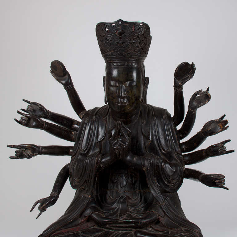18th Century and Earlier 18th Century important Large Wooden 14 Armed Seated Buddha, Quan'am, Vietnam