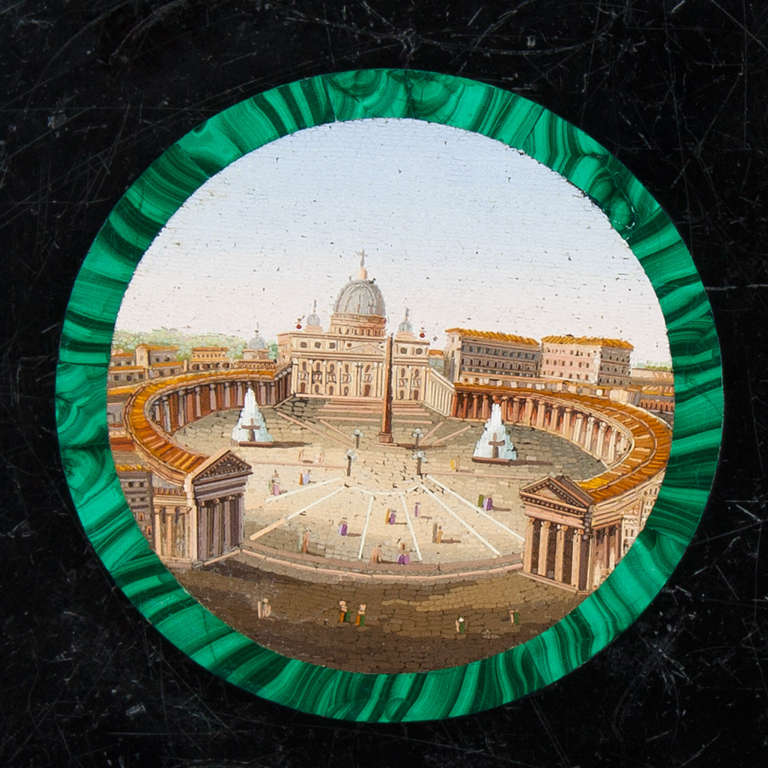 19th Century Marble Tabletop with 7 Portrayals in Micro Mosaic Rimmed in Malachite