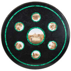Antique 19th Century Marble Tabletop with 7 Portrayals in Micro Mosaic Rimmed in Malachite