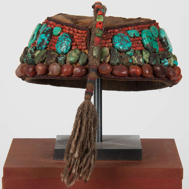 19th Century 2nd part 19 th century Tibetan beaded cap  with semi-precious stones