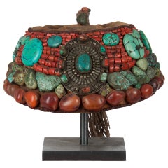 Antique 2nd part 19 th century Tibetan beaded cap  with semi-precious stones