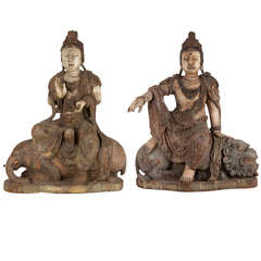 Pair of Beautiful 18th Century Wooden Seated Buddhas, China