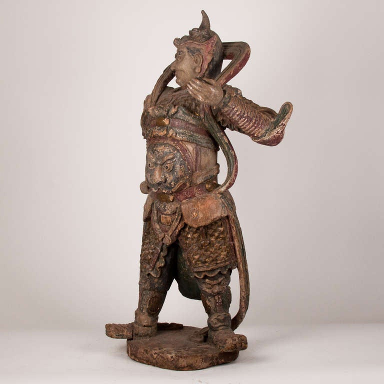 Chinese 18th Century Important Polychromed Wooden Standing Warrior, China