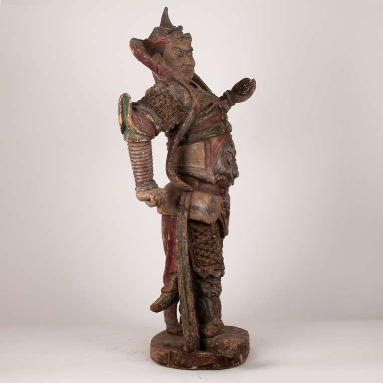 18th Century and Earlier 18th Century Important Polychromed Wooden Standing Warrior, China