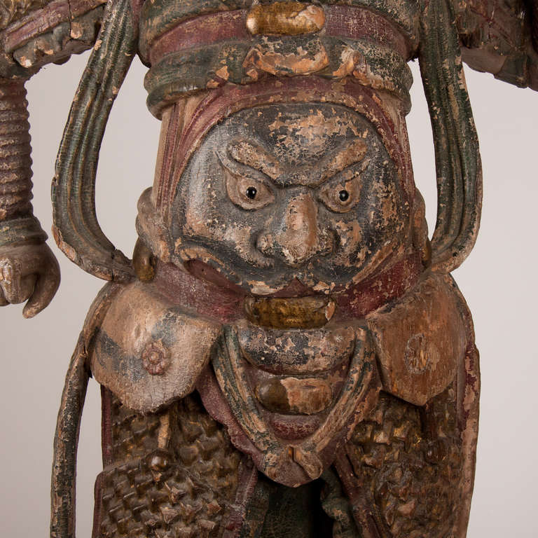 18th Century Important Polychromed Wooden Standing Warrior, China 3