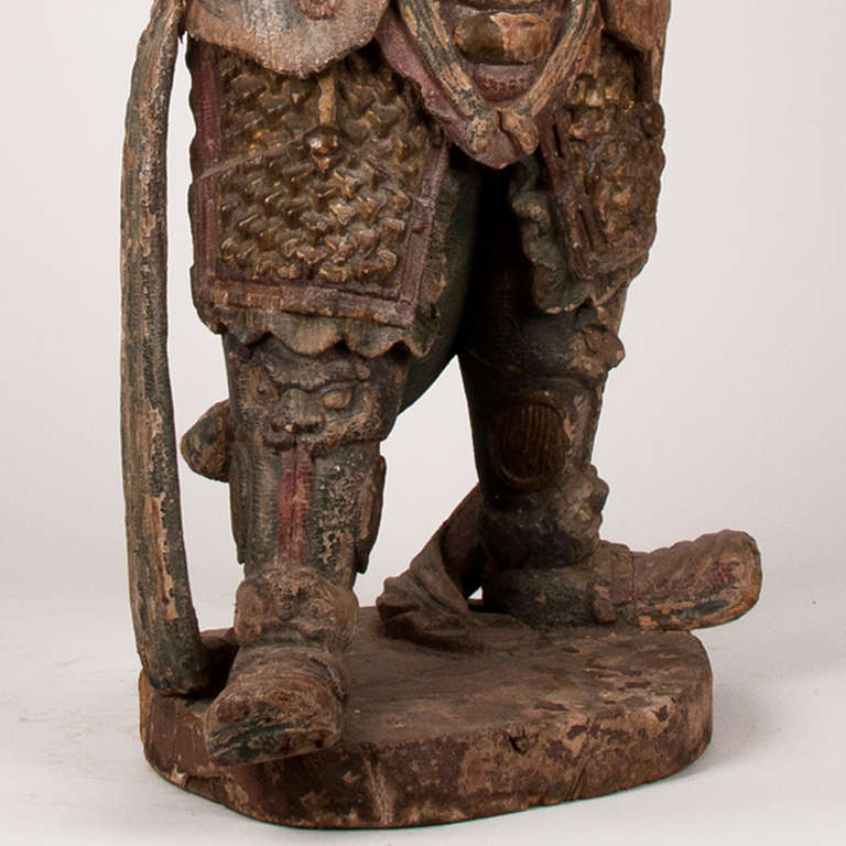 18th Century Important Polychromed Wooden Standing Warrior, China 4