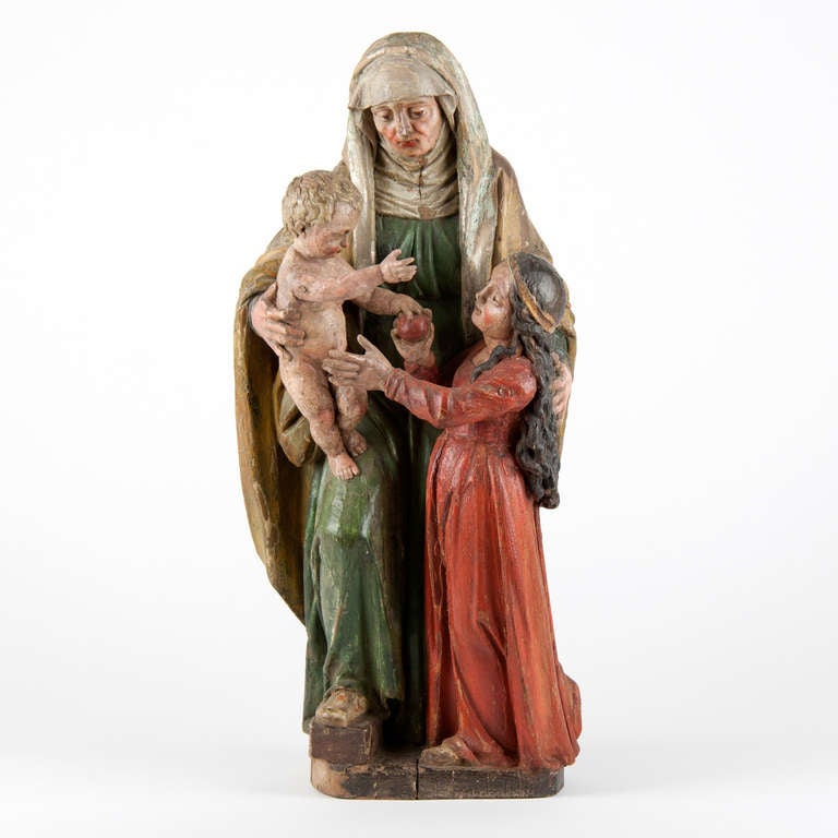 Beautifully polychromed statue of Saint Anna with Maria and Jesus, 1580/1620.
Province Limburg in Belgium.
Very good condition, wear consistent with age.