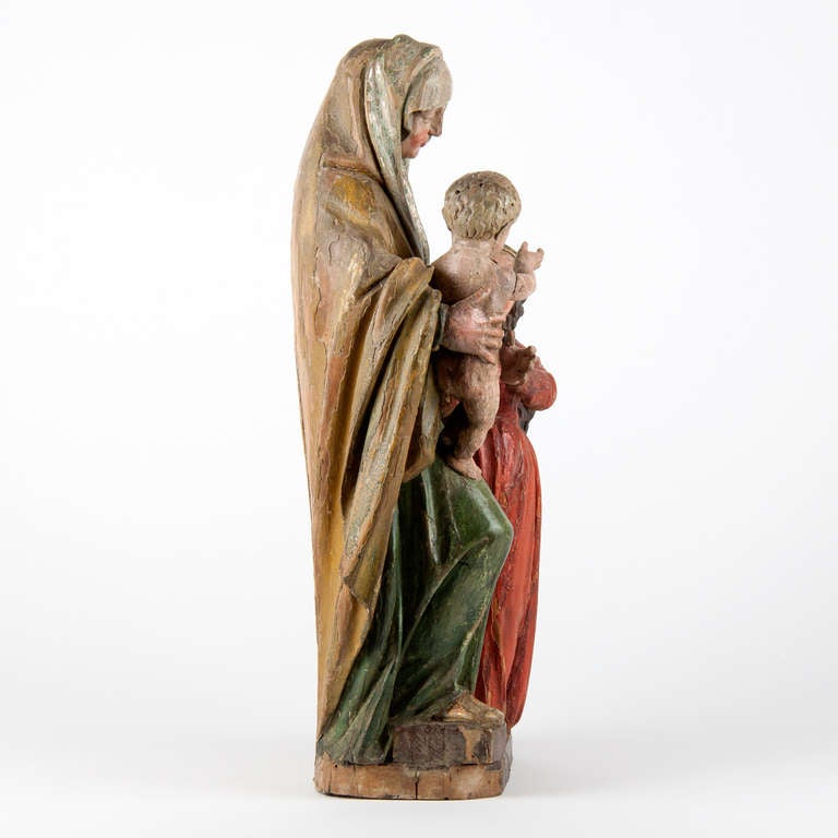 18th Century and Earlier 17th Century Polychromed Statue of Saint Anna with Maria and Jesus, Belgium