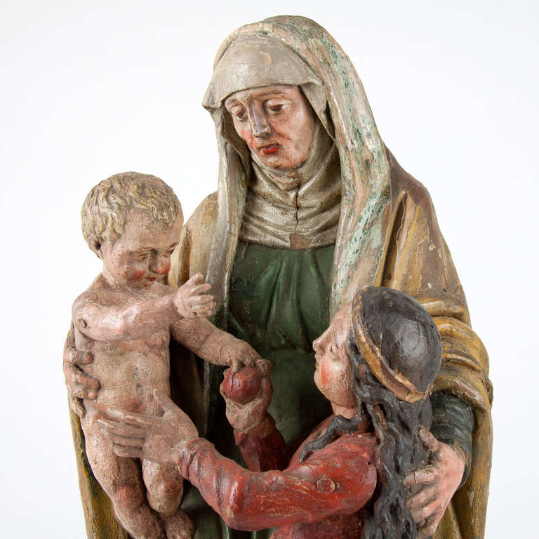 Wood 17th Century Polychromed Statue of Saint Anna with Maria and Jesus, Belgium