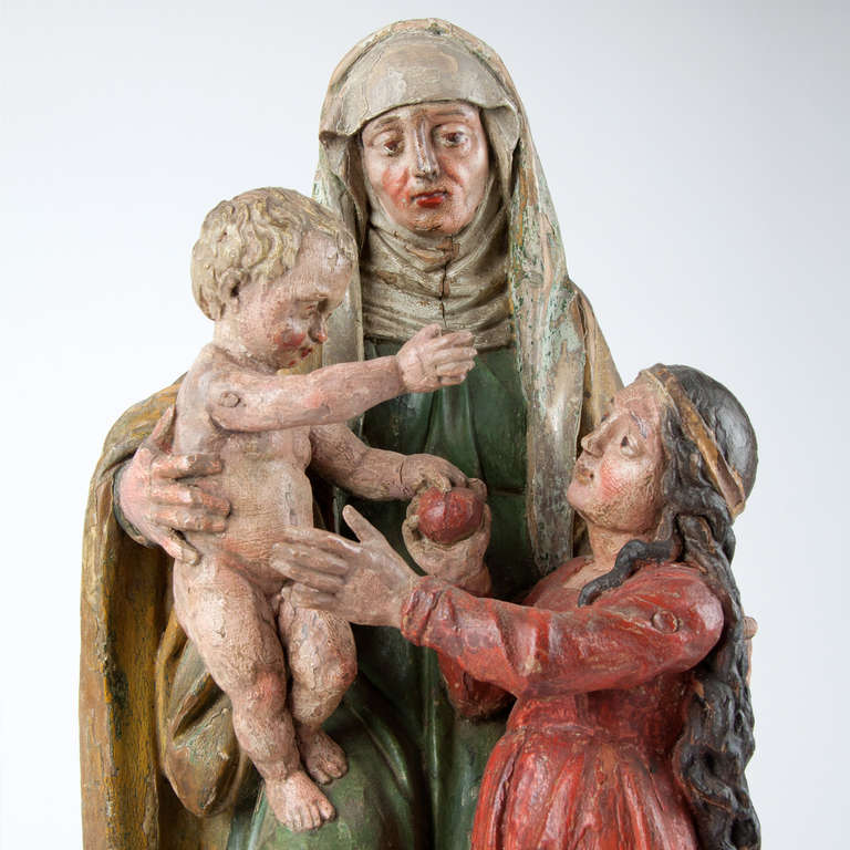 17th Century Polychromed Statue of Saint Anna with Maria and Jesus, Belgium 1
