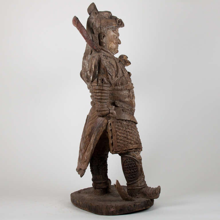 Polychromed Important 18th Century Wooden Standing Warrior, China