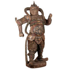 18th Century Important Polychromed Wooden Standing Warrior, China