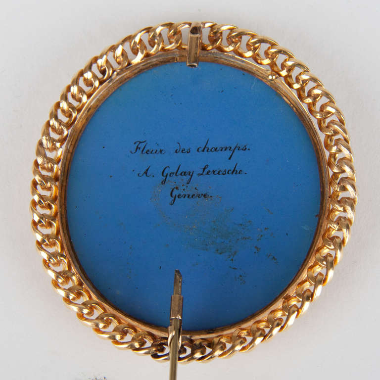 19th Century Brooch with Golden Frame and Enamel Plaque, Signed by G. Lamuniere 1