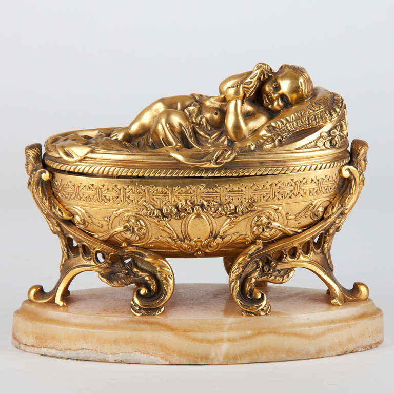 19th Century Gilded Bronze Jewelry Box, Signed by Haiger For Sale at