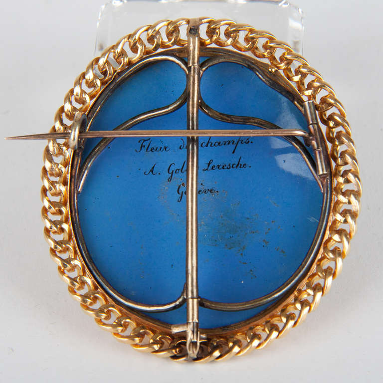 19th Century Brooch with Golden Frame and Enamel Plaque, Signed by G. Lamuniere In Excellent Condition In Esbeek, NL