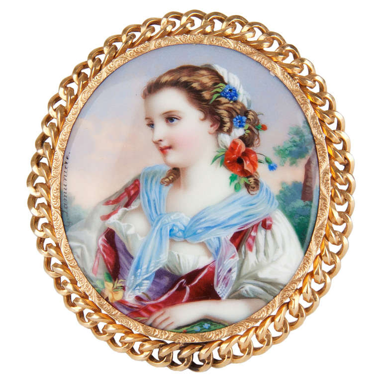 19th Century Brooch with Golden Frame and Enamel Plaque, Signed by G. Lamuniere