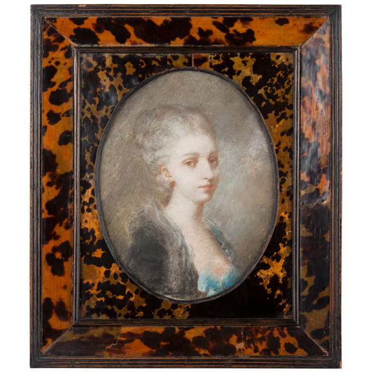 18th Century French Gouache (Pastel) in Antique Tortoise Frame
