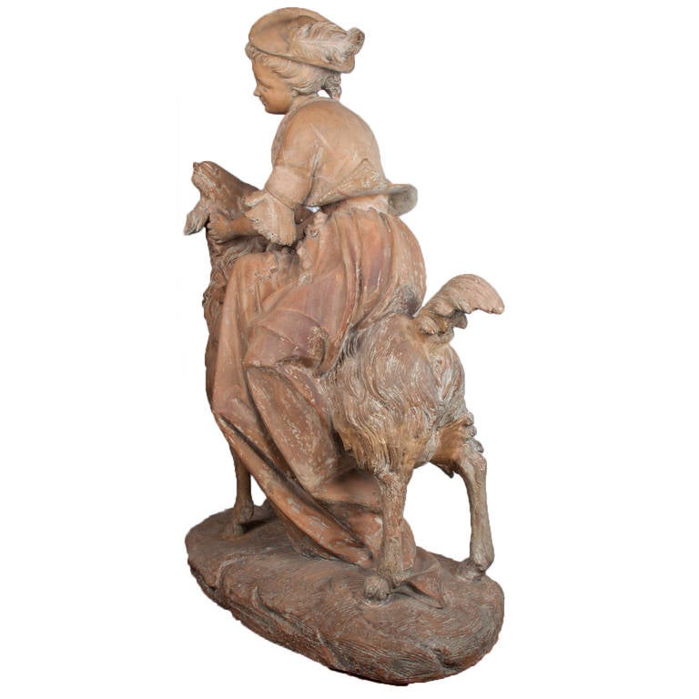 Fine French Patinated, Terra Cotta Group of an Elegant Lady Seated on a Goat In Good Condition In Esbeek, NL