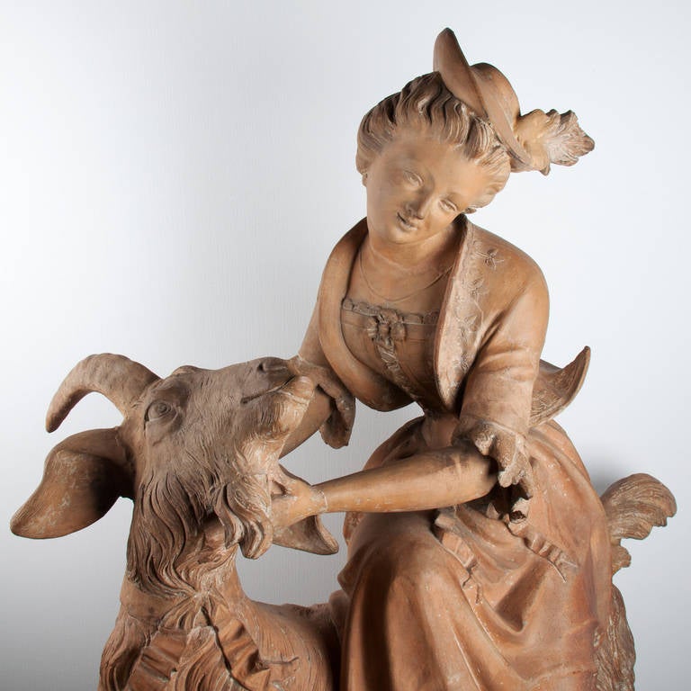 Terracotta Fine French Patinated, Terra Cotta Group of an Elegant Lady Seated on a Goat