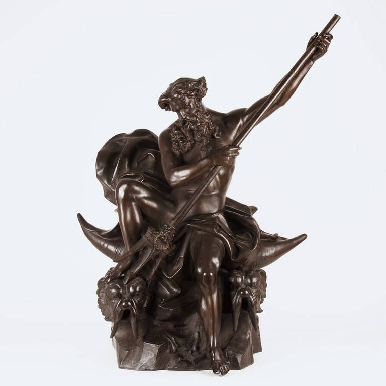 Large 19th Century Zamac Statue Depicting Neptune Sitting on Two Dolphins