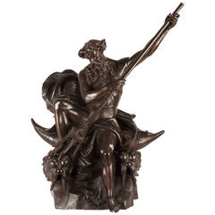 Large 19th Century Zamac Statue Depicting Neptune Sitting on Two Dolphins
