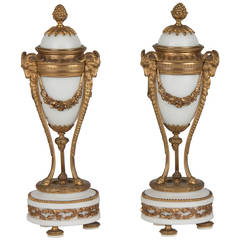 19th Century French Carrara Marble Vases with Bronze Gilded Ornaments