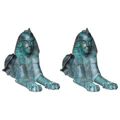 Pair of 19th Century Monumental Patinated Bronze Sphinxes