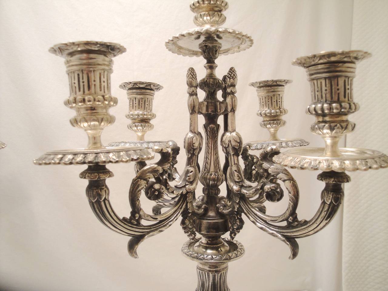 Pair of 19th c. French 4 Branch Silver Plated Candelabra with snuffers 1