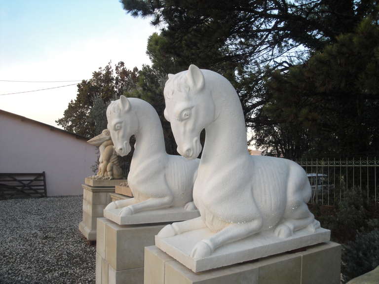 Pair of Neoclassical Cast Stone Horses on Block Plinths In Excellent Condition For Sale In LAGNES  France,, Other