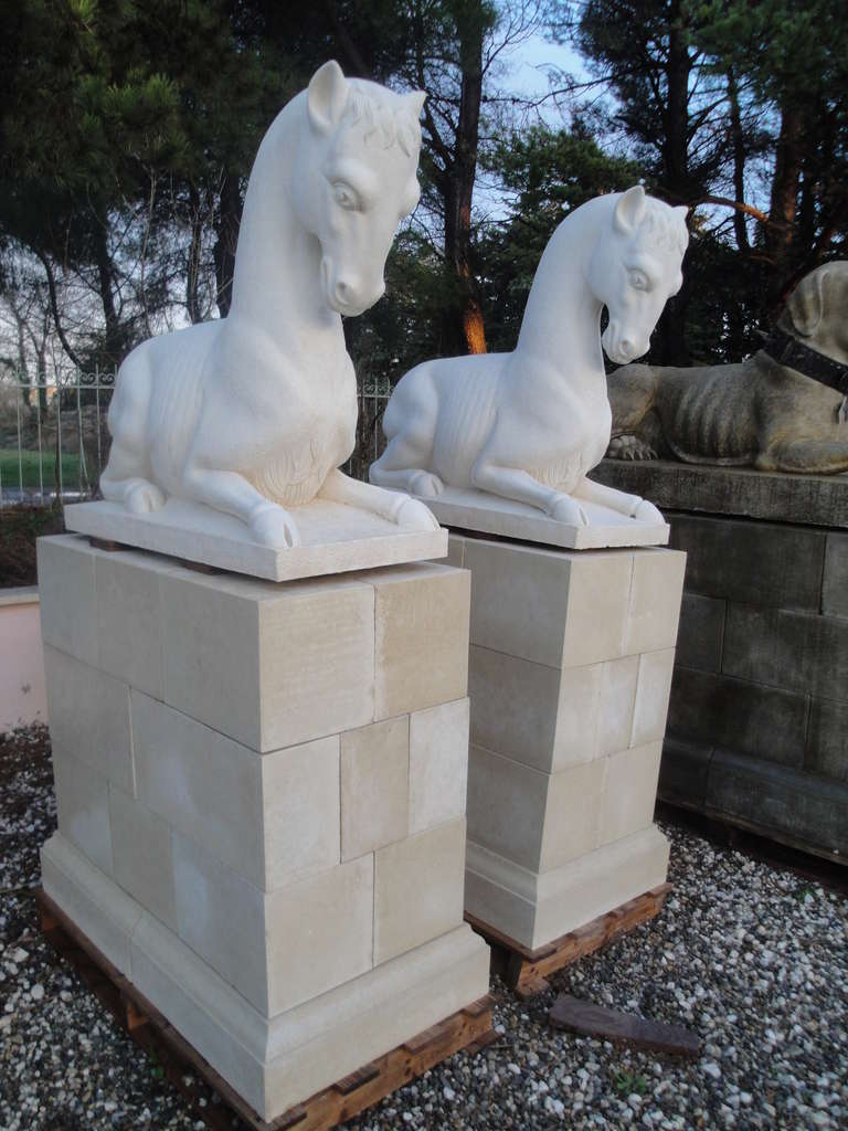 Contemporary Pair of Neoclassical Cast Stone Horses on Block Plinths For Sale