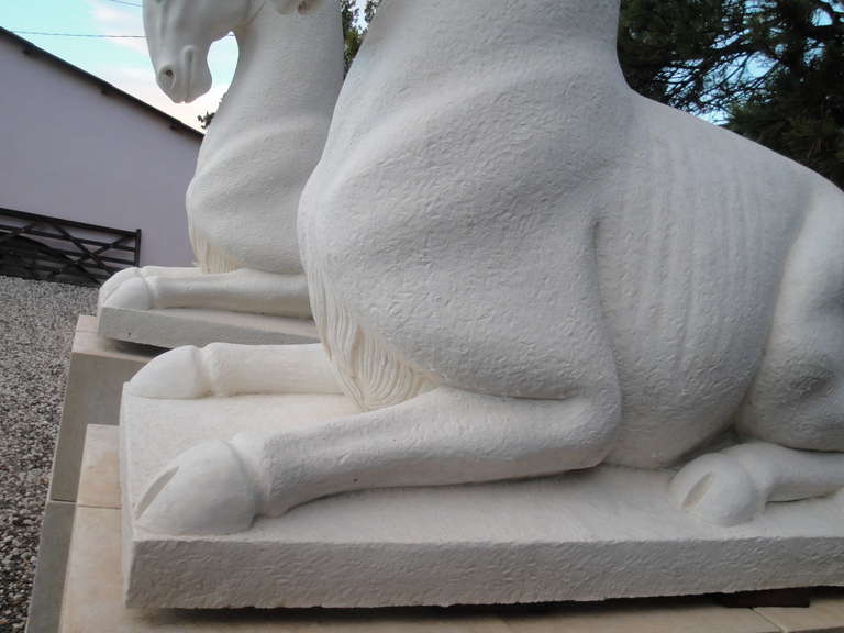 Pair of Neoclassical Cast Stone Horses on Block Plinths For Sale 1