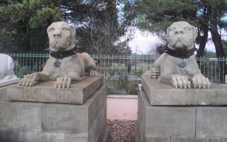 Cast Granite Stone Handed Pair of Roman Dogs on Block Plinths