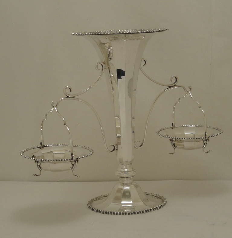 English Silver Plated Eperne Centerpiece with hanging bonbon dishes
