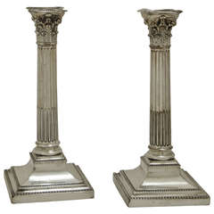 Pair of English Silver Plated Corinthian Column Candlesticks