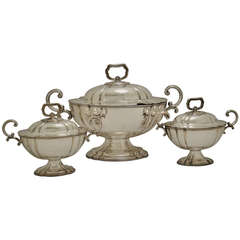English Sheffield Plated Large Lidded Tureen with Matching Pair