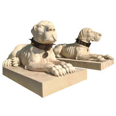 Handed Pair of Cast Stone Roman Dogs on Plinths