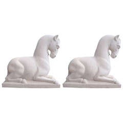 Pair of Neoclassical Cast Stone Horses on Block Plinths