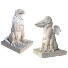 Cast Stone Pair of Serpent and Pelican on Plinths