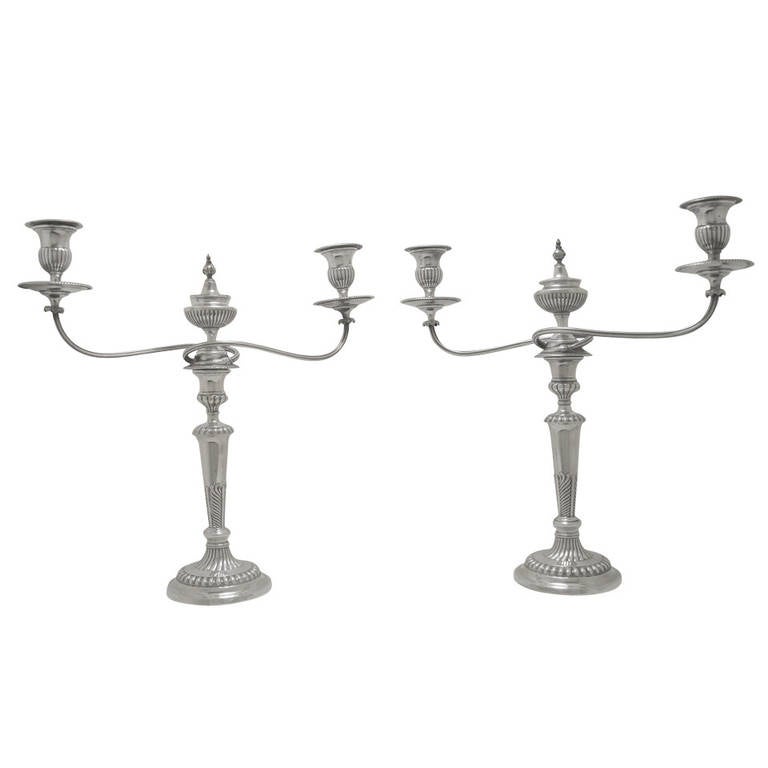 Pair of Large English Silver Plated, Two Branch Candelabras For Sale