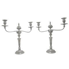 Pair of Large English Silver Plated, Two Branch Candelabras