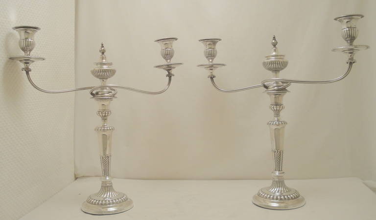 Pair of Large English Silver Plated, Two Branch Candelabras