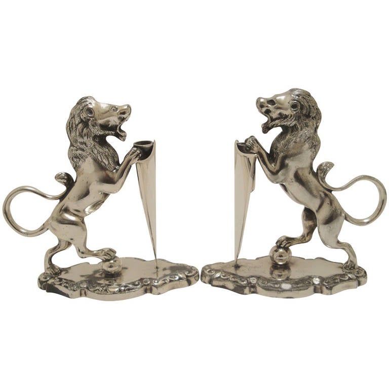 Silver Plated Pair of Lion and Shield Menu Holders For Sale